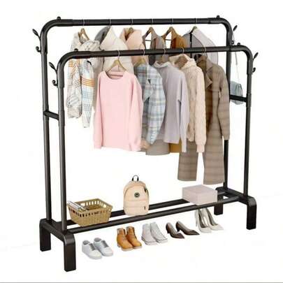 1pc/2pcs Freestanding Dual-Rod Multifunctional Bedroom Clothes Rack, Metal Garment Organizer And Black Wheeled Clothing Rack For Bedroom, Organizer, Organizer, Home Storage, Women's White T-Shirts, Women's Black Pants, Women's Winter Clothing, Dresses, Women's Winter Clothing, Elegant Women's Dresses, Women's White Blouses, Long Sleeve, Women's White Jumpsuits, Women's Spring Dresses, Women's Spring Clothing, Spring, Spring Clothing, Minimalist, Summer Tops