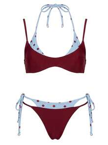 Conjunto de bikini de dos piezas para mujer, con estampado de lunares, sin mangas, cuello halter, sujetador falso y braguita de talle bajo. - Rojo - Ver 6