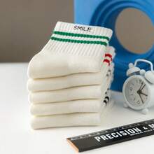 5 Pairs | Milk White Contrast Color Striped Socks, All-Match Style! Children's Sports Striped Mid-Calf Socks, Multiple Colors Available! Unisex Kids Socks, Wear-Resistant! Essential For School & Daily Wear - Multicolor - View 3