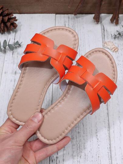 1双女童亮橙色H型编织柔软PU轻便时尚奢华露趾平底休闲凉鞋，适合儿童夏季海滩度假和海滩玩耍