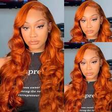 34 Inch Ginger Wavy 13X4 Lace Front Wig, Pre-Trimmed, 200% Density, Soft & Thick, #350 Color Lace Front Wig, Human Hair Blend, High Quality Wig, Natural Look, Halloween Accessory, Christmas Costume, Christmas Gift - S350 - View 8
