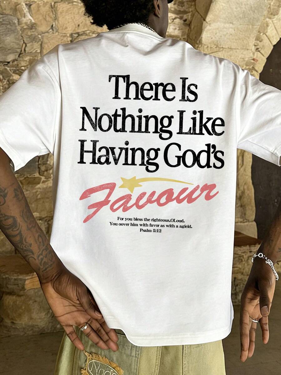 FRACTYR Men's Summer Casual Street Fashion Loose "THERE IS NOTHING LIKE HAVING GODS" Minimalist Graphic Round Neck Short Sleeve T-Shirt - White - View 1