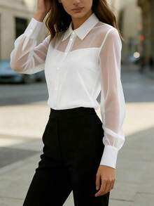 1pc Women's Elegant Mesh Patchwork Blouse, Suitable For Daily Outings, Commuting, Office Wear, And Airport Outfits White Spring - White - View 5