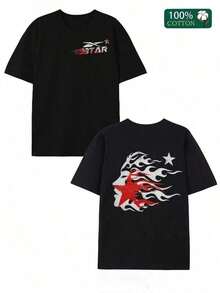 Double-Sided Digital Flame Face Printed T-Shirt With "" Motif Breathable T-Shirt |   Avant-Garde Casual Wear 1Pcs Casual Soft Short Sleeve Pure 100% Cotton 220gsm ETLF - 黑色 2 - 查看 12