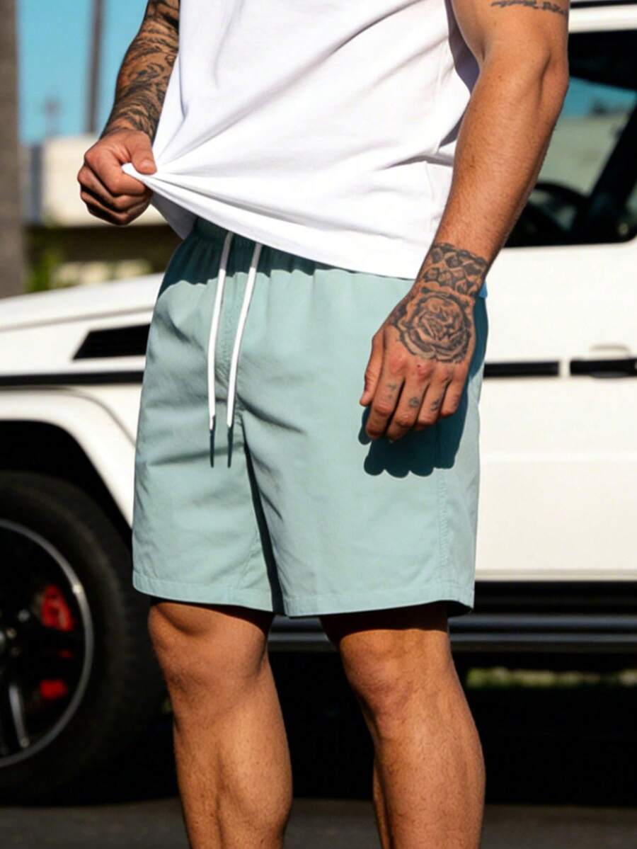 Einfarbige mintgrüne Herren-Shorts, weißer Kordelzug Gummibund, vielseitige Sommer-Hose - Minzgrün - Übersicht 1