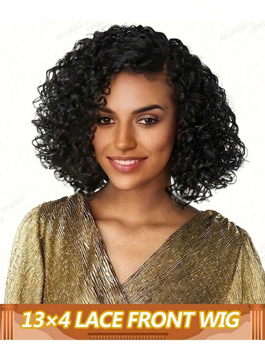 Tóc giả bob xoăn tự nhiên, kiểu sóng nước, kích thước 13x4, có phần ren phía trước trong suốt, đã được tỉa sẵn, dành cho nữ, màu #1B, mật độ 150%. - Natural Black - Xem 1