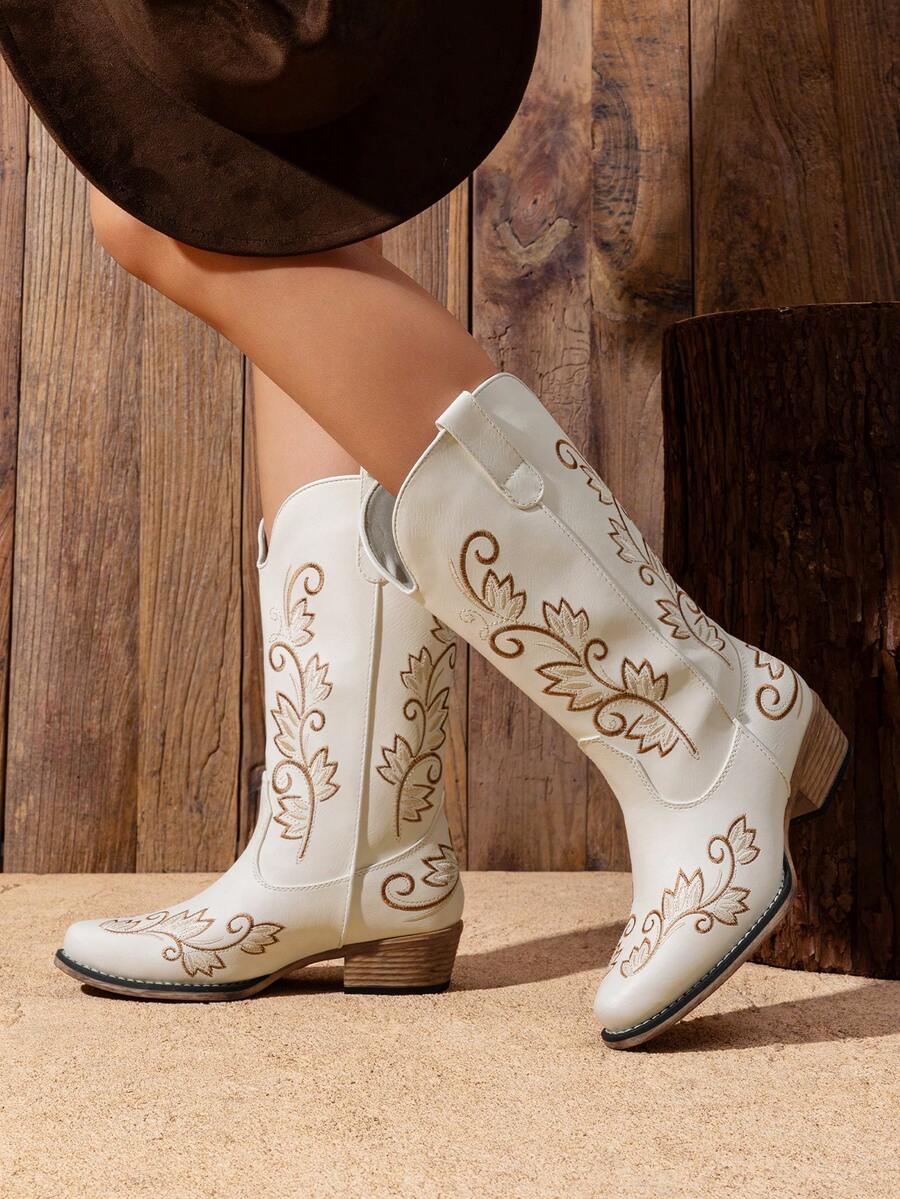 Women's Western Mid Calf Boots Square Toe Embroidered Stitched Pull On Country For Party Music Festival Cowboy Cowgirl Boots - 白色 - 查看 1