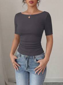 PRETTYGARDEN Womens Summer Short Sleeve Tops Boat Neck Ribbed Knit Slim Fit T Shirt Casual Basic Top Y2K Clothes - 深灰 - 查看 6