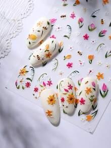 2 piezas Pegatinas de arte de uñas 5D en relieve con flores de verano, patrón de margaritas, tulipanes y abejas, decoraciones de uñas con tema de jardín de primavera/verano autoadhesivas, suministros de arte de uñas DIY para mujeres - Multicolor - Ver 6