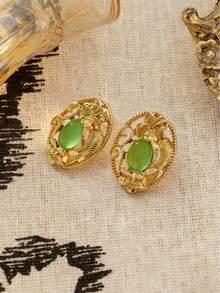 1 par de pendientes de botón con hoja ovalada de núcleo verde, pendientes de flor tallada hueca, accesorio elegante para el trabajo y uso diario - Verde - Ver 3