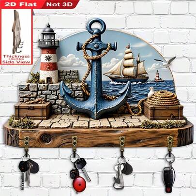 Móc khóa hình mỏ neo, hải đăng, thuyền buồm phong cách hàng hải - Móc khóa trang trí đa chức năng bằng gỗ với bốn móc kim loại, dùng để trang trí tường, trang trí phòng, trang trí nhà cửa quanh năm.