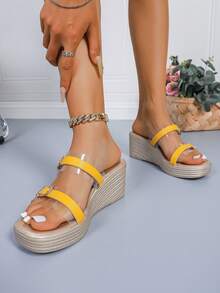 Yellow Transparent Buckle Wedge Sandals, Fashion Versatile High Heel Open Toe Non-Slip Thick Bottom Summer Platform Shoes For Women - Yellow - View 14