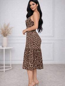Women's Long Dress With Button Front, Ruffled Straps, Sleeveless Tank Top Dress With Buttons, Ruffled Style, Elegant Party Dress - Leopard Print - View 3