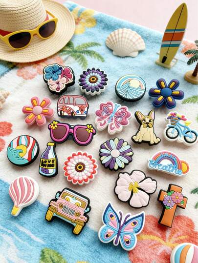 Bộ 20 món phụ kiện giày dép chủ đề Hawaii, hình cây dừa, bãi biển, xe buýt, bướm, những món đồ trang trí giày dép dễ thương, đồ trang trí giày dép mùa hè bằng nhựa PVC độc đáo, phụ kiện trang trí giày dép cho kỳ nghỉ hè mát mẻ, quà tặng tự làm cho các bữa tiệc và sinh nhật, đồ trang trí giày dép phù hợp cho các bữa tiệc mùa hè và quà sinh nhật.