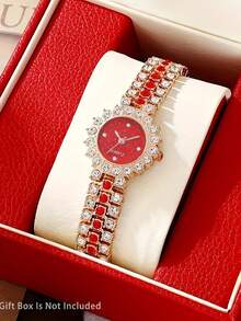 Bộ 6 món đồng hồ nữ thời trang màu đỏ pha lê bằng thép không gỉ, máy quartz + bộ trang sức, quà tặng năm mới. - Đỏ - Xem 4