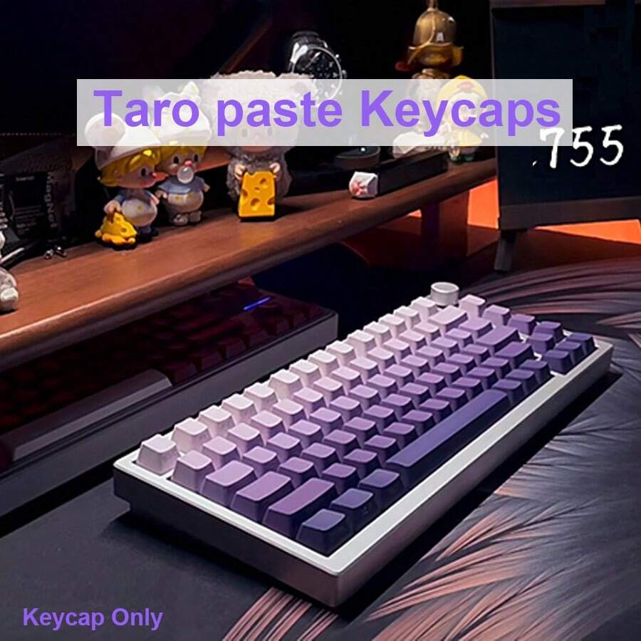 芋泥键帽，香味键帽，渐变紫色键帽，OEM高度，侧印半透明极简键帽，PBT材质，适用于办公和游戏机械键盘，适配60/64/68/75/80/96/98/104/108键键盘 - 查看 1