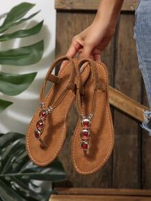 Women's Toe Post Bohemian Beaded Fabric Roman Sandals, Beach Vacation Home Slippers, Spring/Summer - Brown (ruby) - View 3