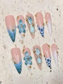 10pcs Handmade Long Pointed French Manicure Nail Stickers Press On Nails - Blue - View 5