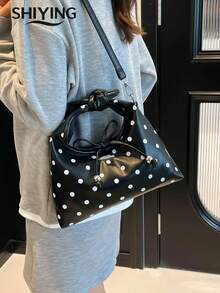 Fashionable Polka Dot Handbag, Women's Multi-Function Shoulder Crossbody Bag, Retro Bow Decor Drawstring Crescent Bag - Multicolor - View 7