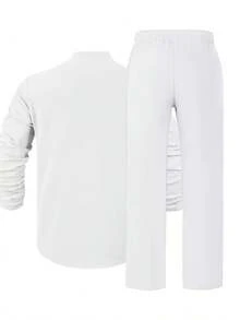 Men's Linen Casual 2 Piece Outfits Long Sleeve Lapel Shirt & Long Pants Set Loose Fit V Neck Tops Breathable Beach Vacation Daily Streetwear - White - View 7