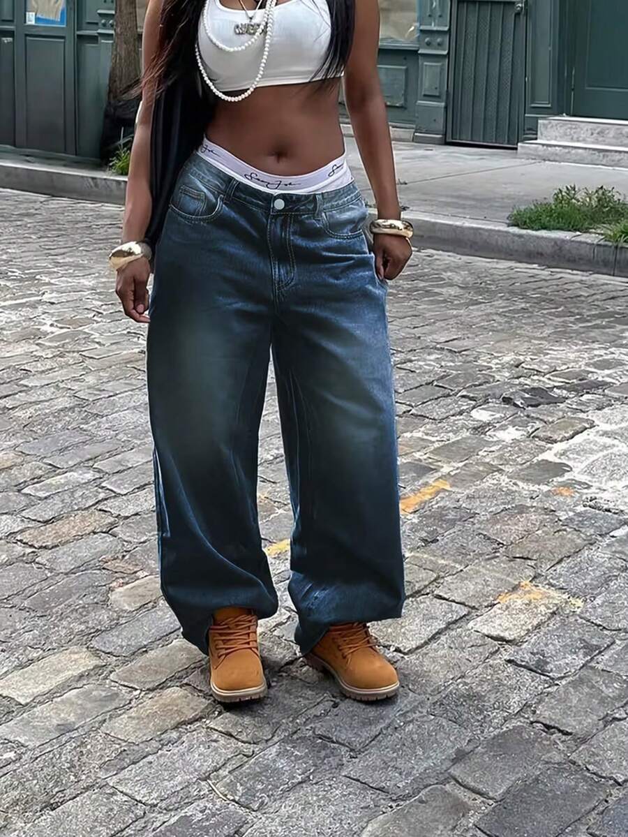 Blue Wash Baggy Wide Leg Jeans, Spring Summer Durable High Waist Loose Fit Denim Pants, Casual Streetwear Trousers Perfect For Daily Wear & Weekend Outings|Lazy Wide Leg Jeans For Women 2026 New High Waisted Elastic Straight Leg Pants, Early Spring New Wide Leg Jeans, A Must-Have For European And American Fashionable Women's Casual Dating And Shopping, Shipped From Local Warehouse. - 藍色 - 查看 1