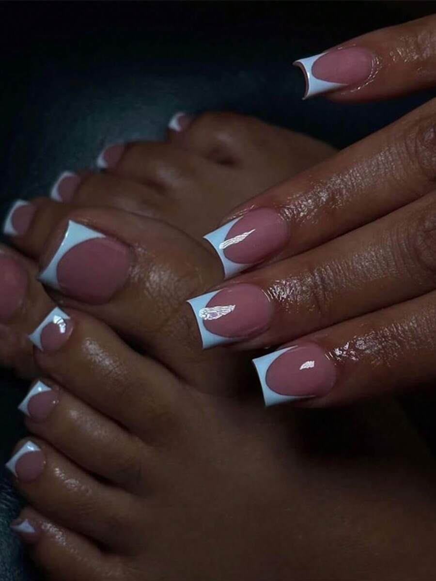 48 móng tay và móng chân giả 2 trong 1 kiểu Pháp vuông, chất liệu acrylic, bao gồm 2 gel dán và 2 dũa móng, kiểu dáng thời trang và đơn giản, dụng cụ làm móng phù hợp cho phụ nữ và bé gái sử dụng hàng ngày. - Nhiều màu - Xem 1