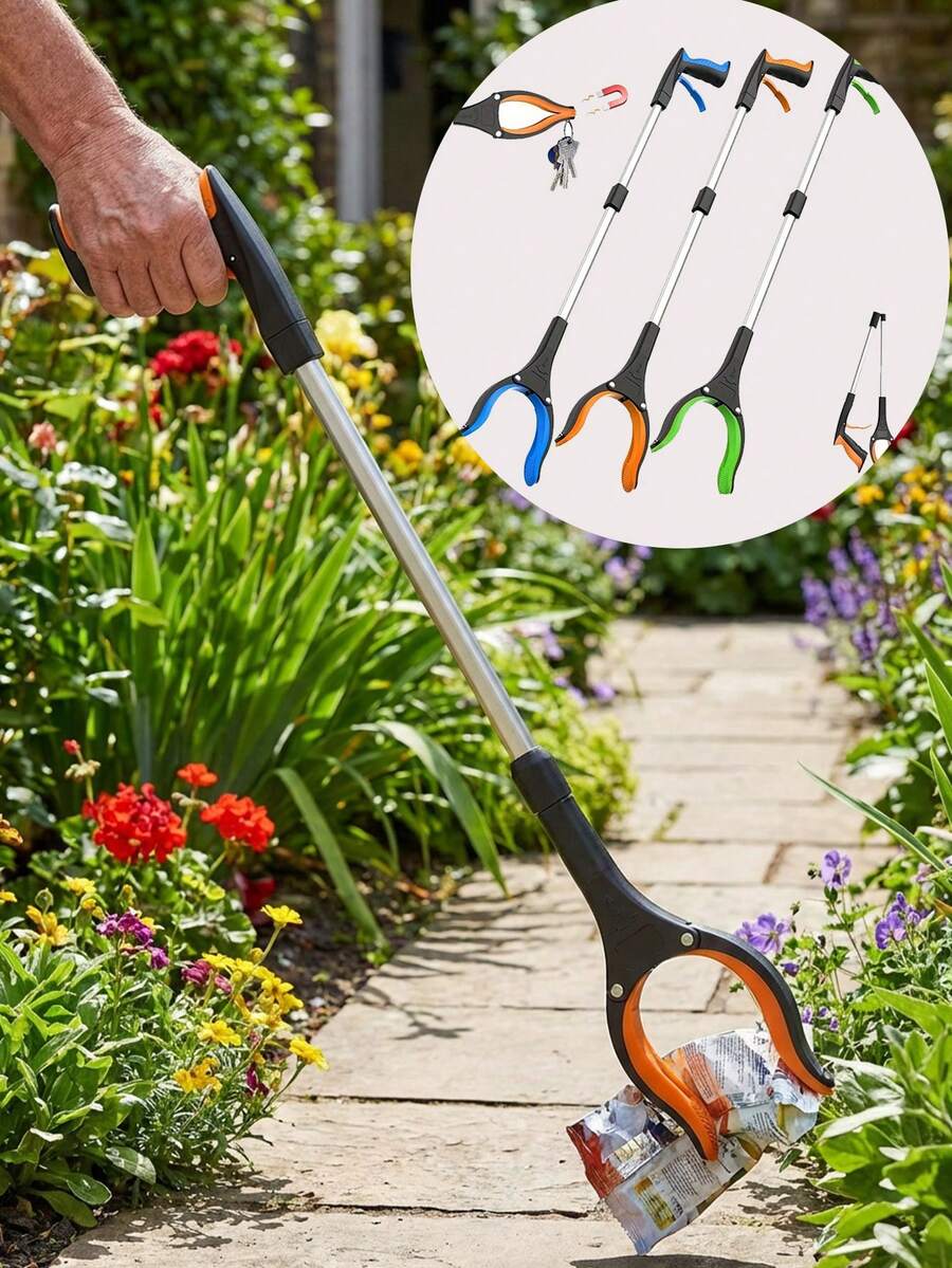 Recogedor de basura plegable y extensible multifuncional, con rotación de 360°, mango ergonómico, reduce el esfuerzo, herramienta recogedora de basura, alivia el dolor de espalda, elegantes suministros de jardinería, adecuado para la limpieza del jardín y la recolección de basura, suministros de jardinería con sombrero de paja, herramientas de jardinería, juego de soplador de hojas