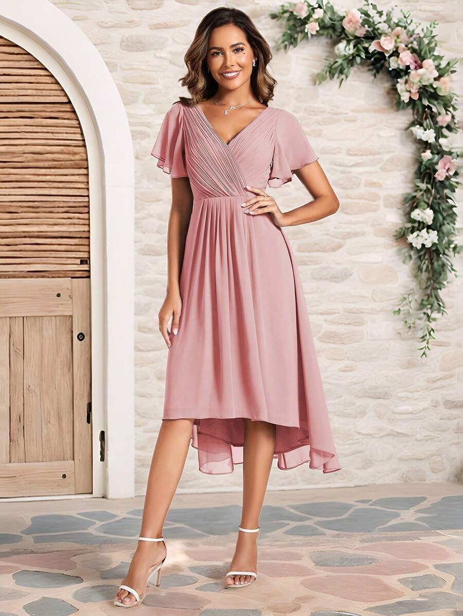 Elegant Solid Color V-Neck Short Sleeve Asymmetric Hem Light Pink Bridesmaid Dress, Mid-Length Wedding Guest Dress