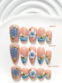 Bộ dụng cụ làm móng tay thủ công kiểu Pháp nhẹ nhàng 10 món, bao gồm bộ dụng cụ làm móng Polygel, họa tiết hoa 5 cánh chuyển màu, vỏ sò vàng, sò điệp, sao biển, hoa trà trắng, nghệ thuật vẽ sóng nước màu trơn, thiết kế dập móng chuyển màu xanh dương, sơn móng tay màu xanh dương. - Nhiều màu - Xem 1