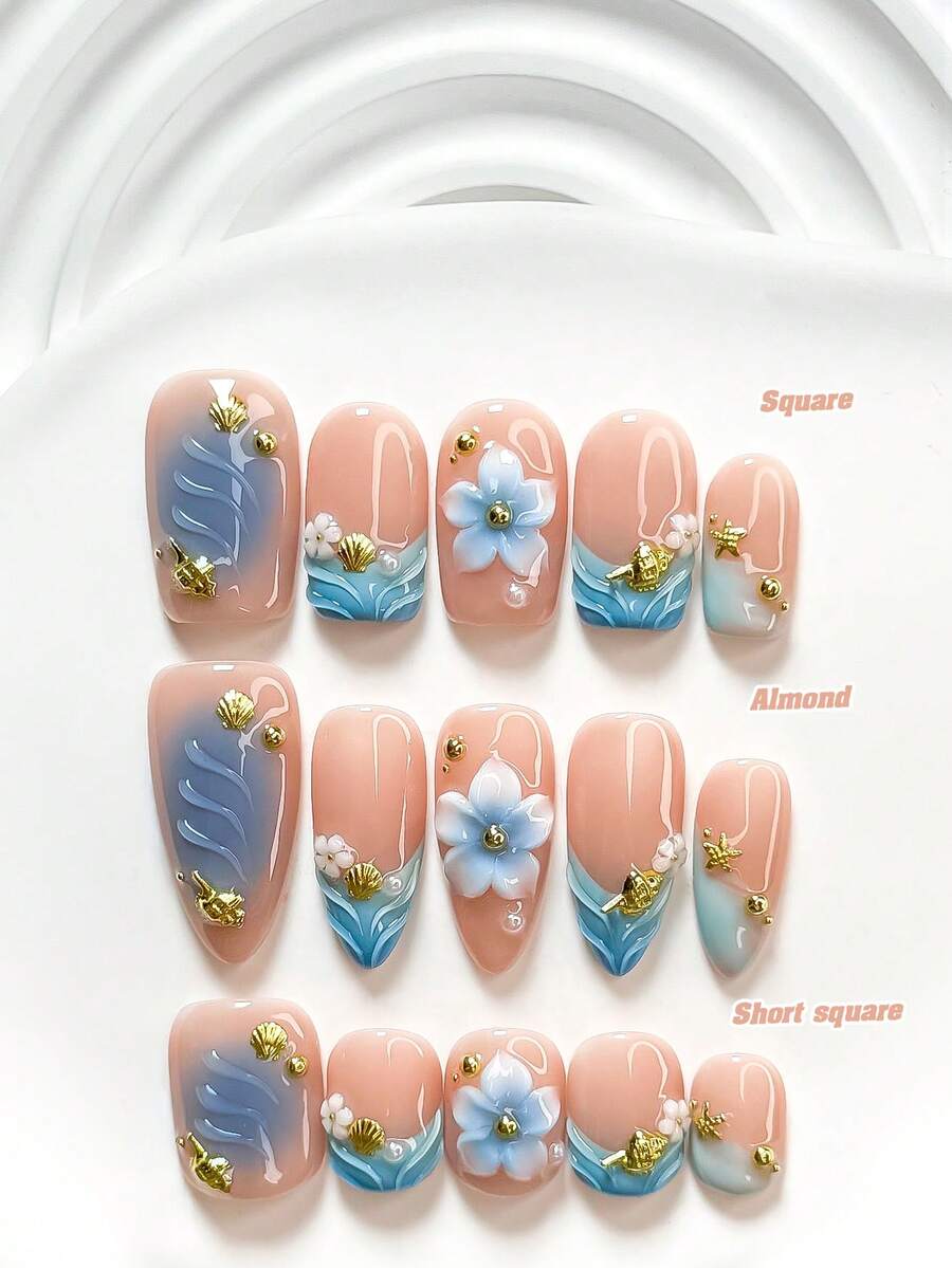 Bộ dụng cụ làm móng tay thủ công kiểu Pháp nhẹ nhàng 10 món, bao gồm bộ dụng cụ làm móng Polygel, họa tiết hoa 5 cánh chuyển màu, vỏ sò vàng, sò điệp, sao biển, hoa trà trắng, nghệ thuật vẽ sóng nước màu trơn, thiết kế dập móng chuyển màu xanh dương, sơn móng tay màu xanh dương. - Nhiều màu - Xem 1