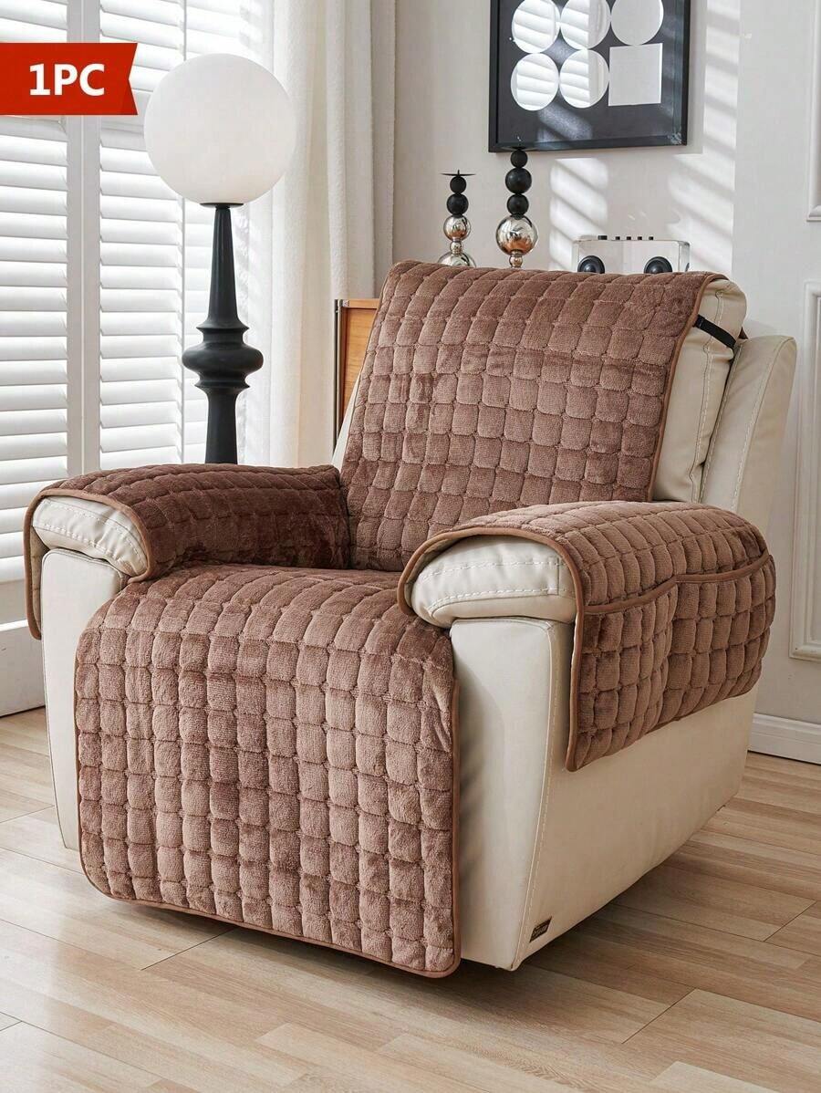 1/2pcs Modern Flannel Quilted Recliner Slipcover, Non-Slip Pet Friendly All Season Universal Sofa Cover - Beige Single Seat - View 1