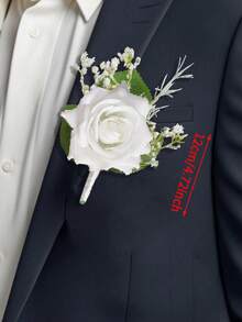 6/1件装白色玫瑰胸花，配满天星，逼真丝绸花朵翻领别针，适用于新郎、伴郎、婚礼、舞会、周年纪念、返校节和乡村秋季场合 - 白色 - 查看 5