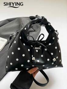 Fashionable Polka Dot Handbag, Women's Multi-Function Shoulder Crossbody Bag, Retro Bow Decor Drawstring Crescent Bag - Multicolor - View 5