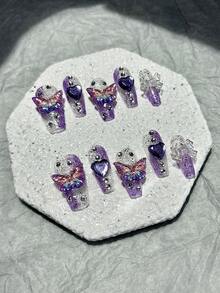 10片紫色梦幻蝴蝶假指甲，镶嵌心形水钻，闪亮Y2K坏女孩手工可佩戴美甲贴纸，按压式棺材形指甲，中号美甲用品（1张果冻贴纸+1个指甲锉） - 紫色 - 查看 3