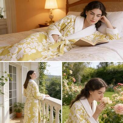 Romantic Yellow Floral Print Fleece Lined Bathrobe, Elegant Longline Belted Robe With Pockets, Cozy Soft Loungewear For Post-Shower Relaxation