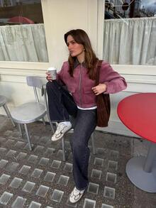 Seelio 春秋新款女式外套，欧美风灯芯绒和仿皮拼接领口大衣，粉色 - 粉色 - 查看 4
