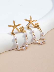 1 Pair Fashionable Starfish & Faux Pearl Earrings, Suitable For Summer Beach, Party, And Formal Occasions - Multicolor - View 7