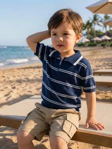 Boys' Collegiate Style Lyocell Short Sleeve Knit Pullover Sweater, Solid Color Half Zip Lightweight Sweater, Spring/Summer/Autumn - Navy Blue - View 3