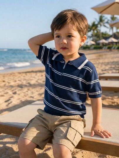 男童纯色短袖毛衣，半拉链轻薄针织套头衫，适合春、夏、秋季穿着。