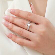 1 chiếc nhẫn hợp kim đồng 4 chấu đính đá và ngọc trai, kiểu dáng thời trang, đa năng, cá nhân hóa, phù hợp để đeo hàng ngày, dự tiệc, làm quà tặng, trang sức mùa hè. - Bạc - Xem 8