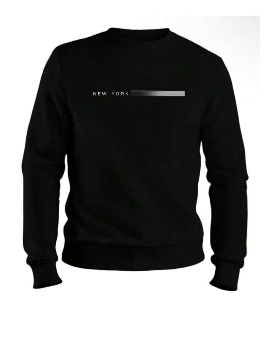 Crew Neck Sweatshirt With Minimalist New York Print, Basic And Modern, New Release. - 黑色圓領衫 紐約 - 查看 1