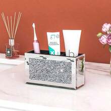 1pc Exquisite Multi-Shaped Crystal Rhinestone Silver Makeup Brush Storage Box Mirror Eyeliner Storage Box Glass Shell Bling Rhinestones Makeup Organizer.,Makeup Bag,Travel Essential - Black - View 7
