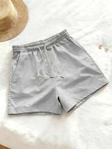 Women's Solid Color Outdoor Casual Shorts With Elastic Waistband And Pockets, Suitable For Fitness, Home, Yoga, Perfect Gift For Moms And Girlfriends Summer - Grey - View 3
