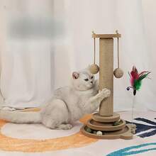 1 Đồ chơi tương tác cho mèo gồm bảng cào móng bằng sợi sisal, đường ray bóng và đồ chơi lông vũ treo - Chất liệu sợi đay, tháp cào móng tự giải trí đa chức năng cho mèo kèm đồ chơi treo, không cần pin. - Màu vàng - Xem 3