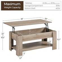 Lift Top Coffee Table with Hidden Compartment and Storage Shelf Rising Tabletop Dining Table for Living Room Reception Room 38.6in L Grey - Gris - Ver 4