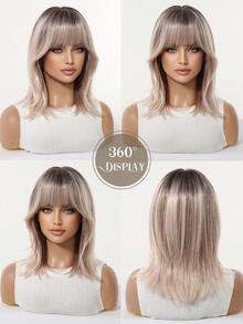 14 Inch Rooted Ombre Ash Blonde Bob Wig For Women With Air Bangs Shoulder Length Straight Heat Resistant Synthetic Wig Natural Looking For Cosplay Party Daily Use - Multicolor - View 6