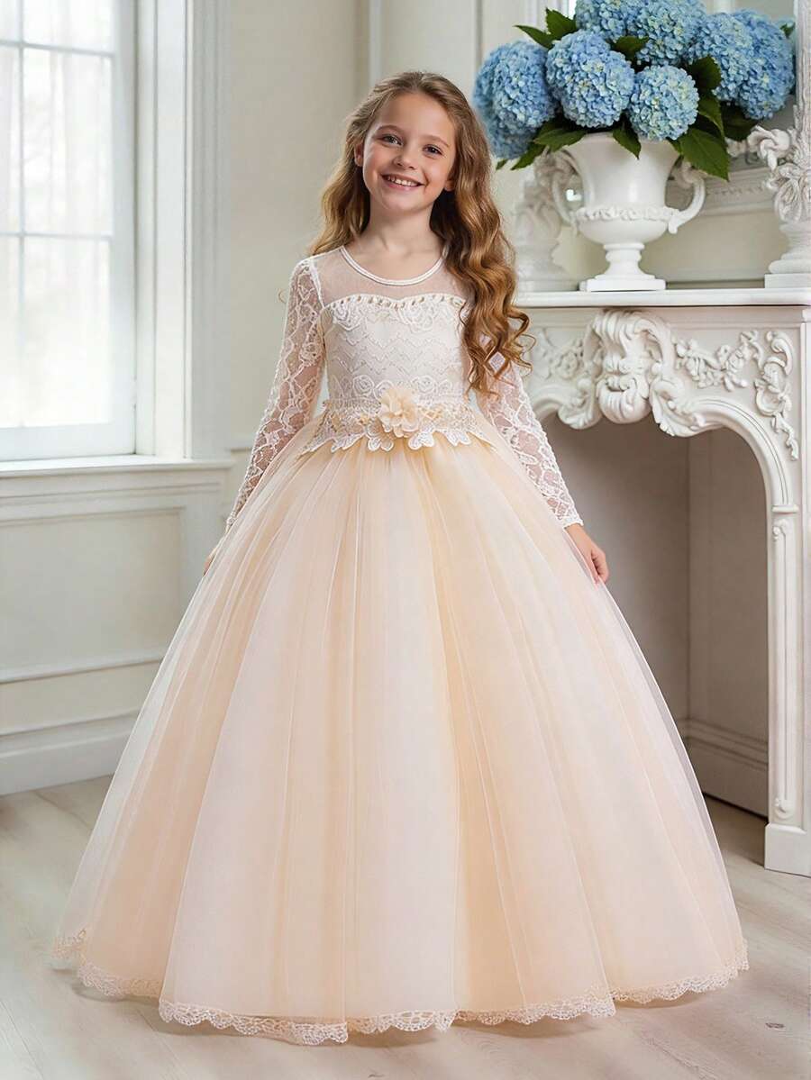 Tween Girl Long Solid Color Lace Tulle Satin Elegant Formal Dress, Suitable For Attending Balls And Formal Dinners, Does Not Include Headband - Champagne - View 1