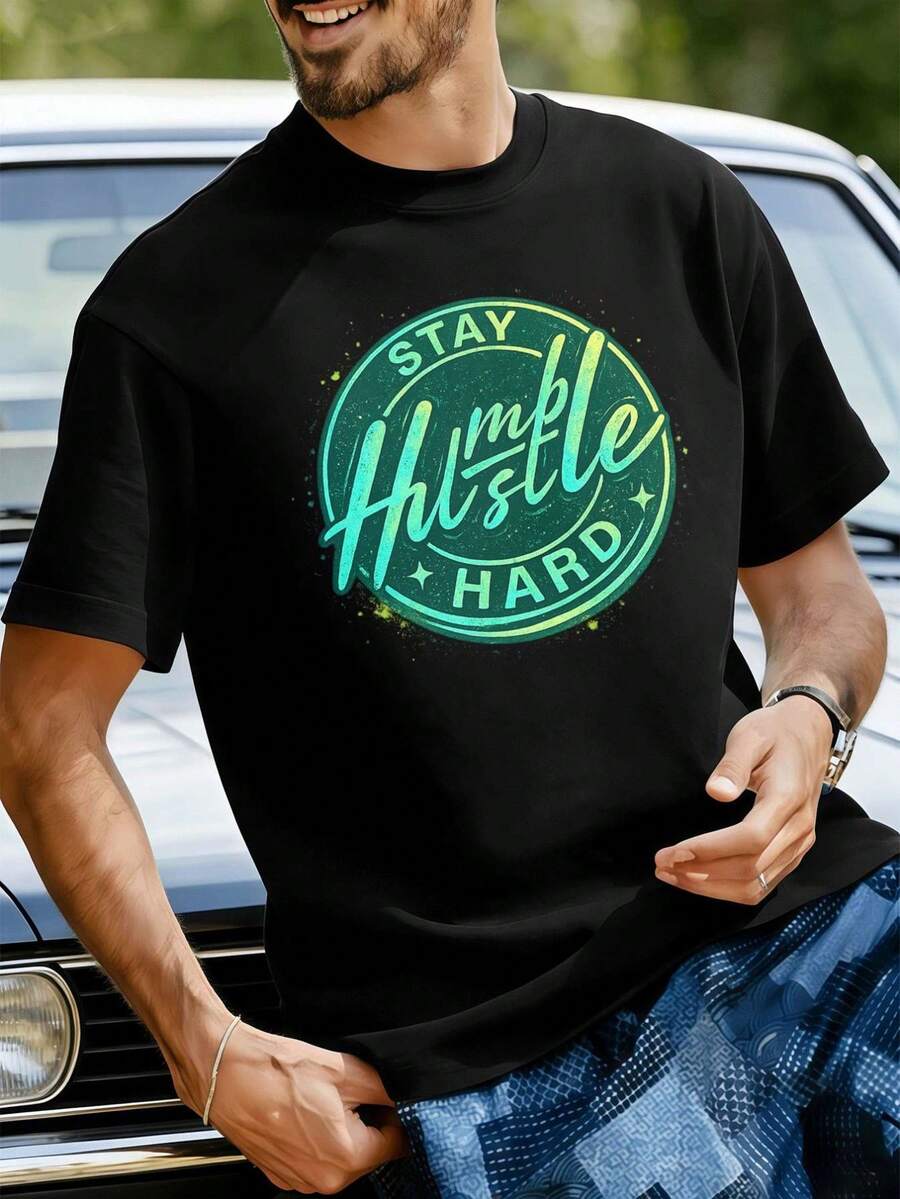 Maglietta StayHustleHardGraphicTshirt girocollo, vestibilità ampia, casual, comoda, stampa grafica unica - nero - Visualizzare 1