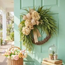 23.62 Inch Hydrangea & Eucalyptus Wreath With Bow Rustic Farmhouse Door Wall Decoration, Beige/Flowers & Green Foliage, Durable Plastic Frame For Front Door, Thanksgiving, Halloween, Christmas, Fall Decor, Room Decor - Rượu sâm banh - Xem 6