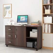 Archivero Organizador Grande 3 Cajones y 1 Gabinete y 2 Estantes de Alenamiento Abiertos Mueble para Impresora Engrosado con Llave y Ruedas Archivero Tamaño para Oficio Marrón - roble oscuro - Ver 2